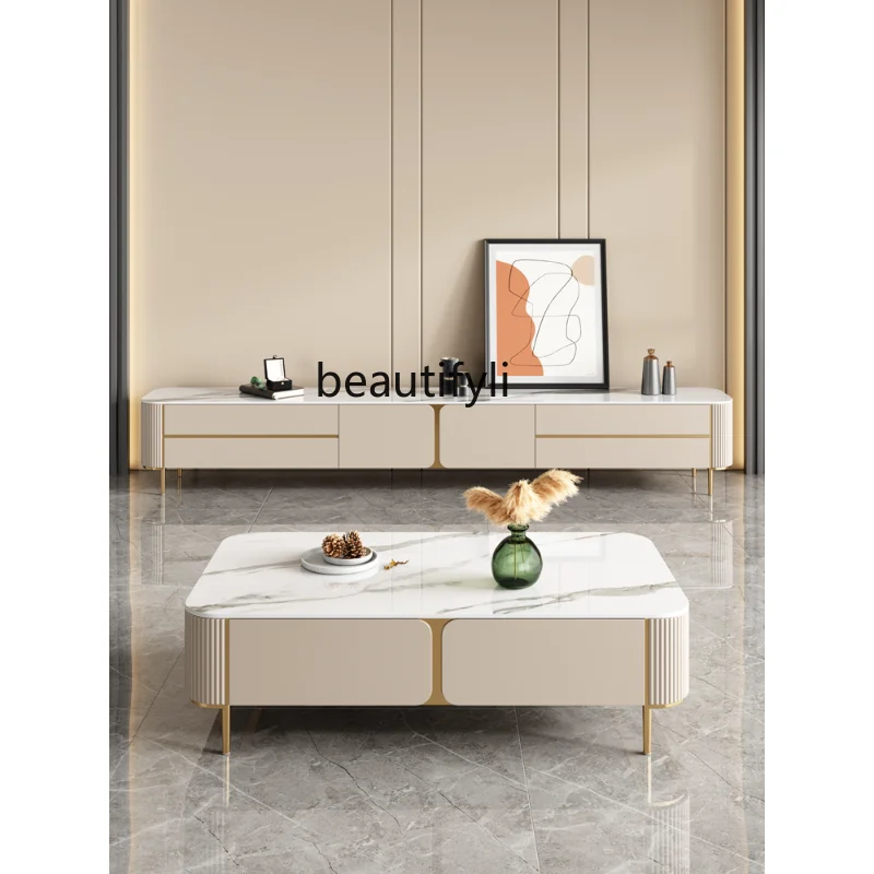 

High-End TV Cabinet Modern Living Room Home Paint Floor Cabinet Nordic Stone Plate Coffee Table Combination Small Apartment