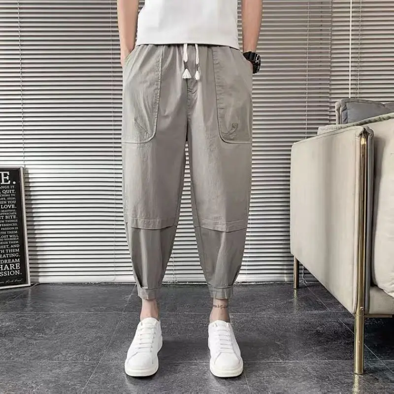 Thin Style Harlan Pants Summer Fashion Trendy All-match Loose Casual Patchwork Elastic Pockets Drawstring Young Style Trousers