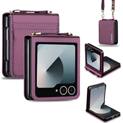 Elegant Leather Phone Case with Card Holder & Wrist Strap - Crossbody Lanyard Design - Galaxy Z Flip5 (PURPLE)