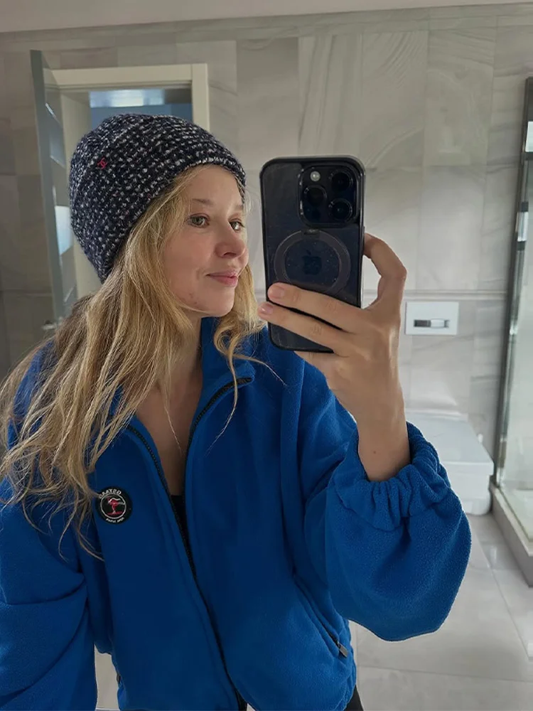 Ski Soft-Touch Stoff Übergroße Jacke Damen Sportlicher Stehkragen Laternenärmel Reißverschluss Loser Mantel Frühling Neue Damen-Oberbekleidung – Detail 16