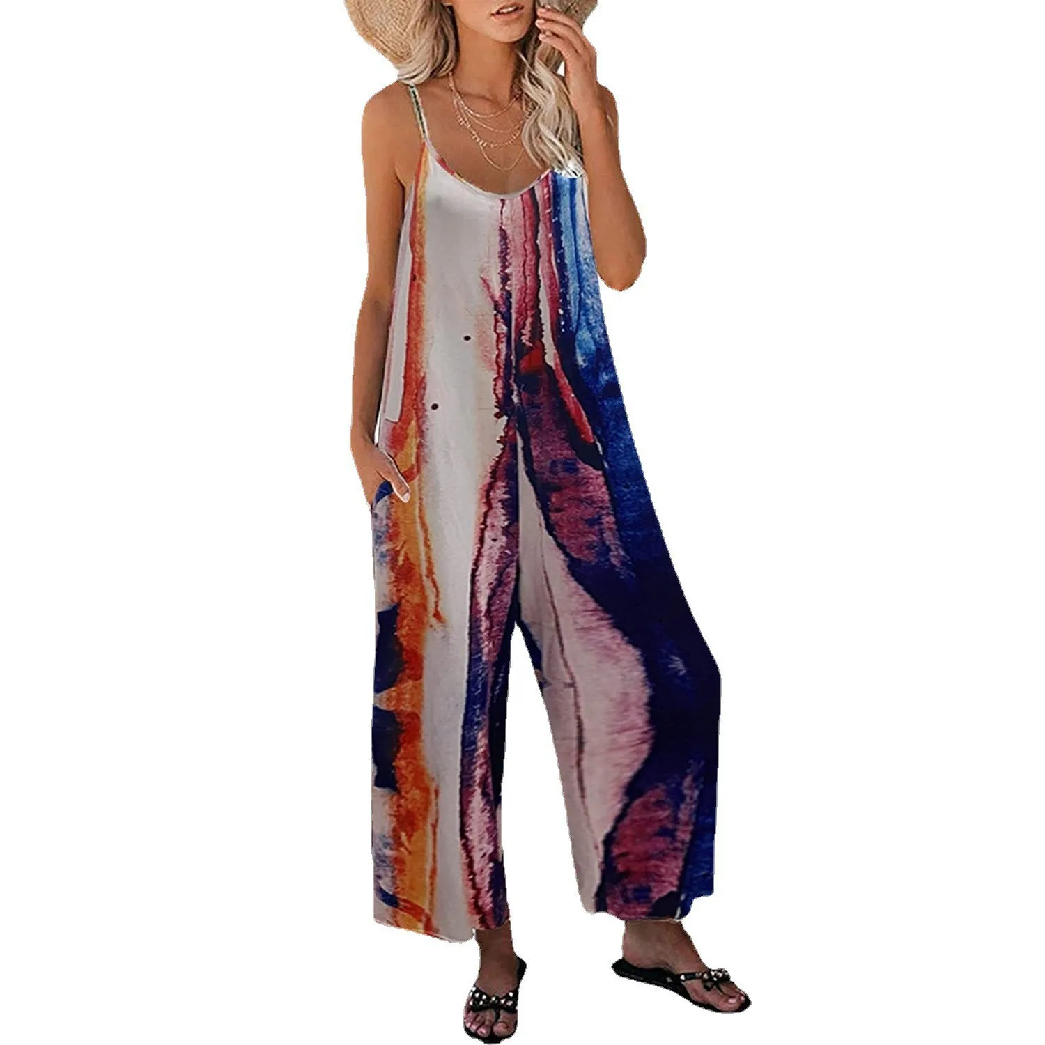 BKLD 2023 Summer New Spaghetti Strap Jumpsuit Clothes For Women Fashion Printed Pocket Casual Loose Long Pants Jumpsuit