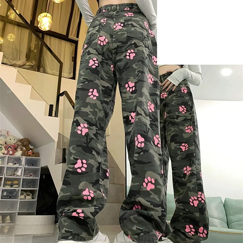 Spring Autumn Women's Button Zipper Pockets Camouflage Geometric Cartoon Print Straight Leg Casual Sports Fashion Trousers Pants