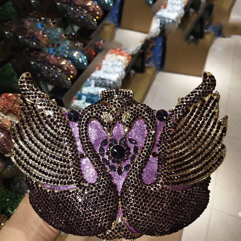 

Large Size Purple Gold Metal Phone Clutch Wallets Luxury High-End WHTUOHENG Female Swan Shape Prom Party Small Purses