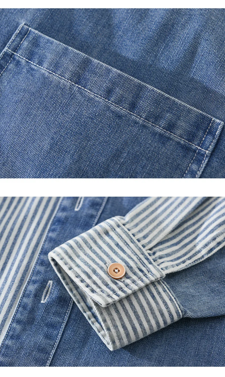 S161cd1ab50e44ce986f45ecdb0bf546co Spring and Autumn Denim Contrast Shirt Men's Hong Kong Style Casual Loose Vertical Stripe Splicing Fashion Long Sleeve Shirt Mallzona