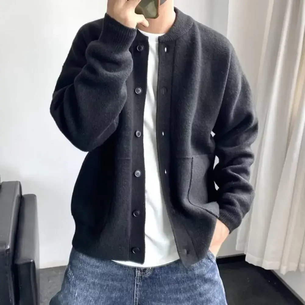 Men's Knitted Cardigan Sweater Coat Autumn Winter Round Neck Single-breasted Solid Casual Loose