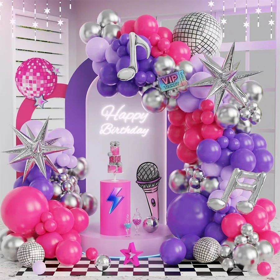 Vibrant Kpop Disco Party Balloon Arch Kit – Pink, Purple & Silver Birthday Decor