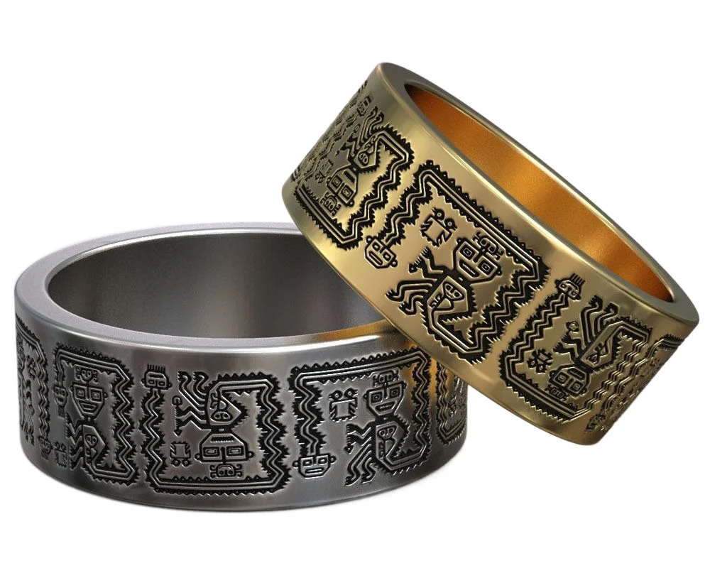 

11g Aztec Maya Ancient Pattern Wedding Band Gold 925 Solid Sterling Silver Engagement Wedding Couple Rings