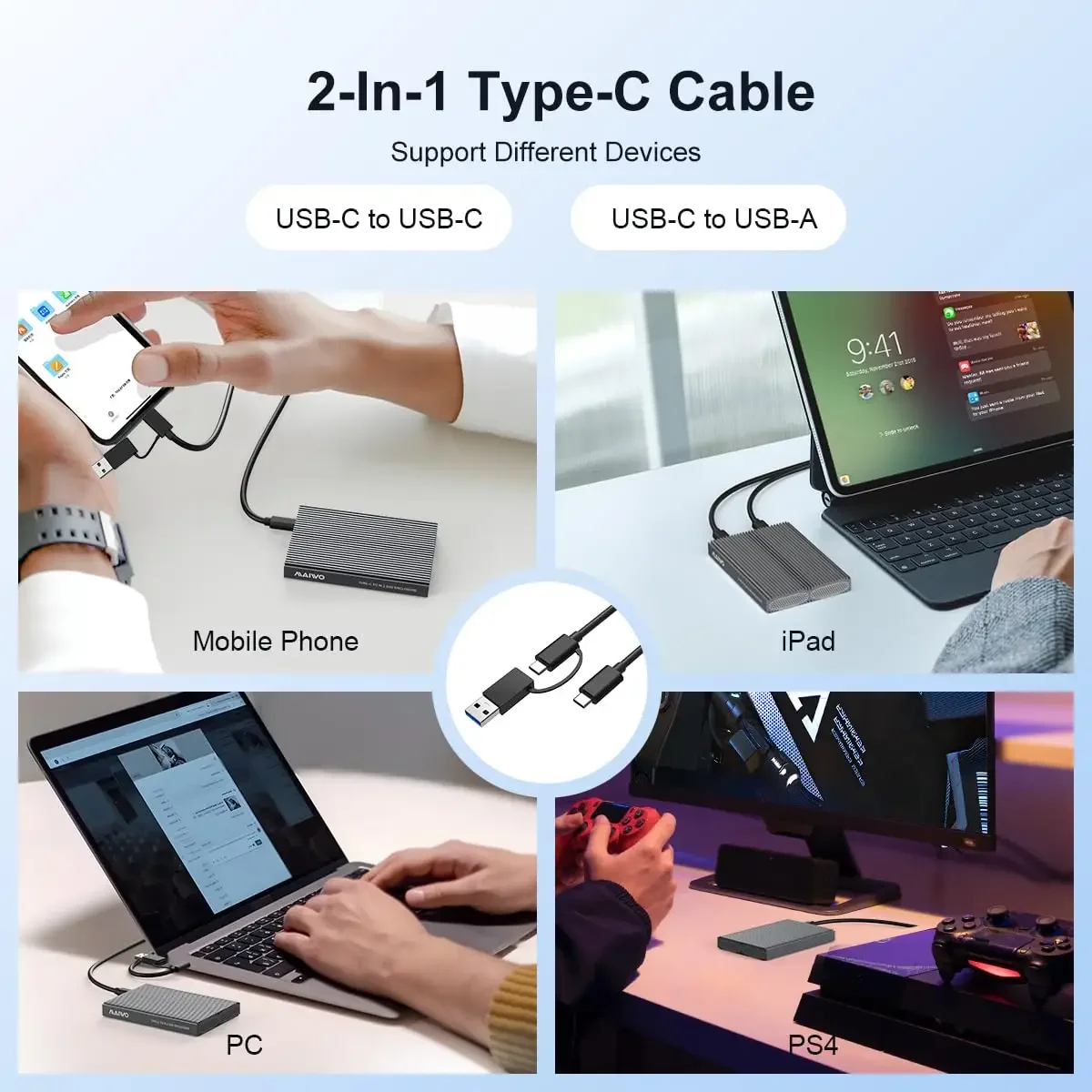 MAIWO Dual Bay 10Gbps M.2 NVMe SSD Enclosure USB3.2 Gen2 Type C 10Gbps PCIe Aluminum M2 SSD Case box With Built-in Cooling Vest