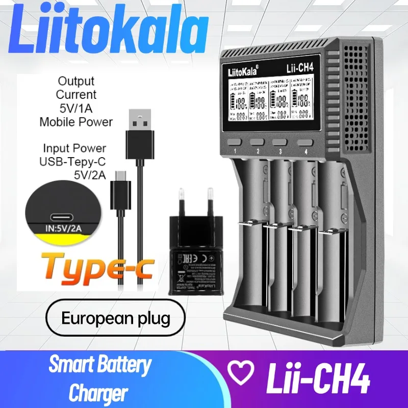Caricabatterie Intelligente LiItoKala Lii-CH4 per Batterie Ricaricabili agli Ioni di Litio AA AAA da 1.5V