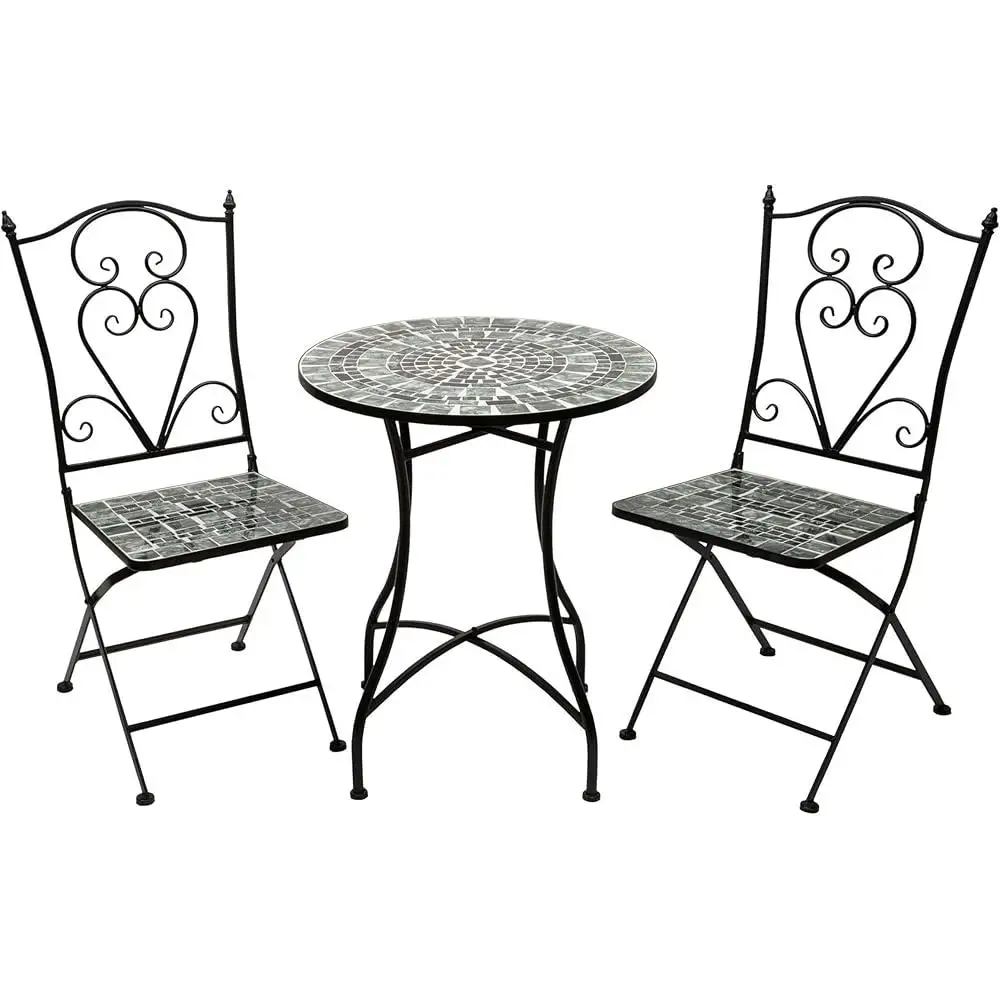 3 Piece Marbled Glass Mosaic Bistro Set Folding Table Chairs Indoor Outdoor Patio Furniture 2