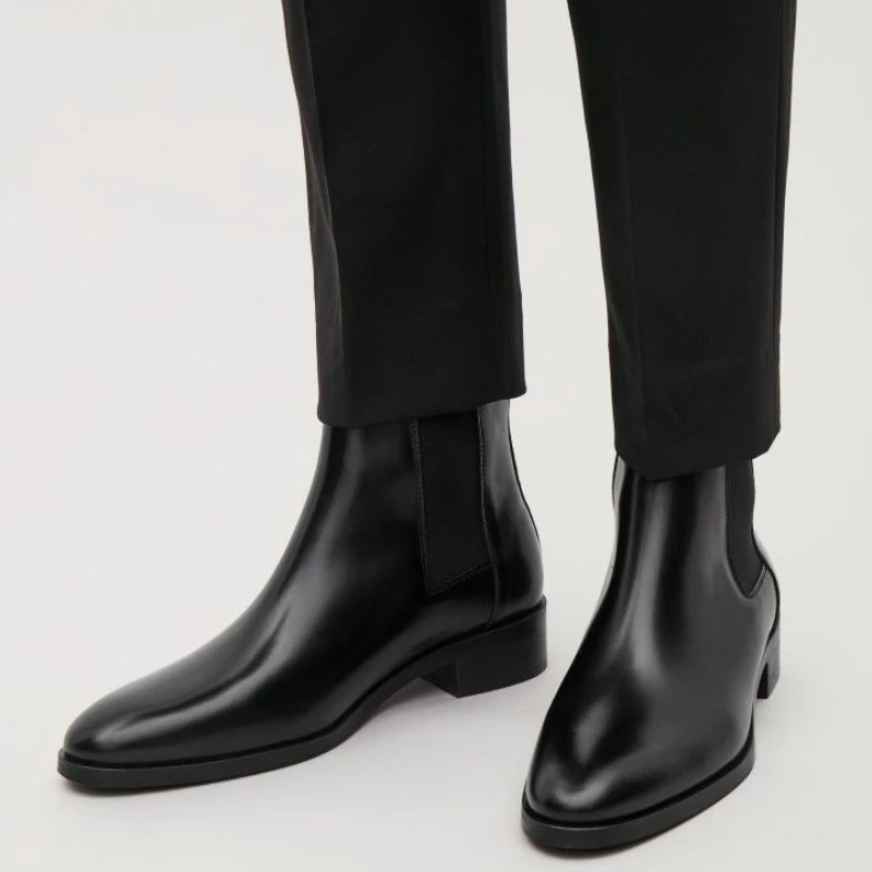 Men Chelsea Boots Handmade Cowhide Black Fashion Business Casual Classic Mid-heel men chelsea boots