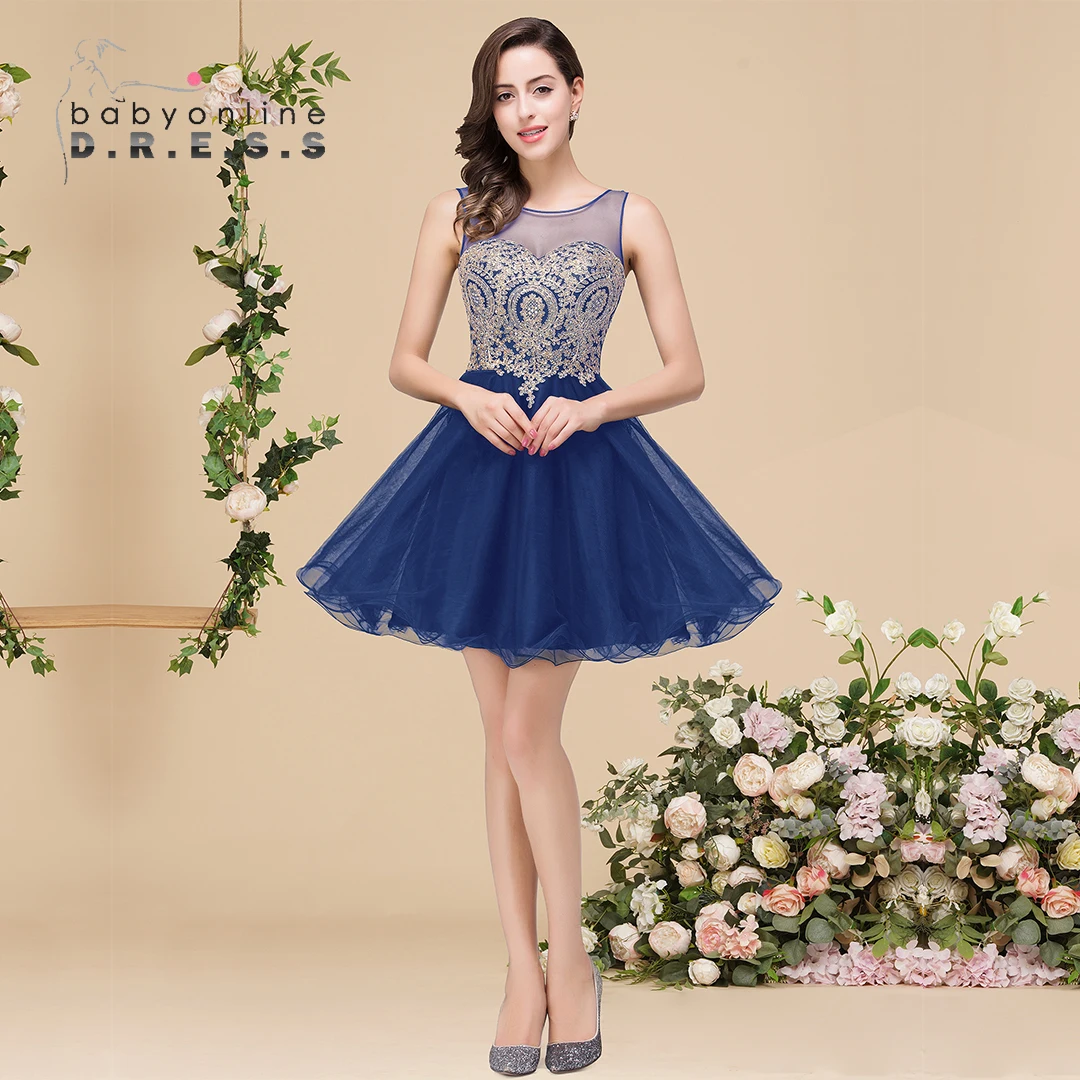 BABYONLINE Homecoming Dresses Golden Appqulies Back V Neck Sexy A-Line Short Prom Party Gowns for Women Summer robe de soirée