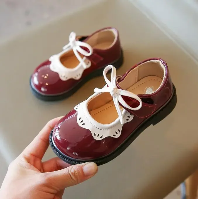 Size 21-35 Girl's Princess Shoes Wine Red Black Ruffles Pu Leather Bowknot Children Flat Shoes Toddler Kids Single Shoe