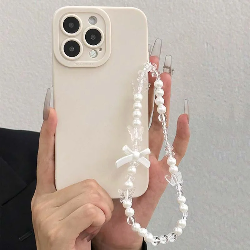 Elegant Korean White Pearl Bowknot Lanyard Phone Case Cover