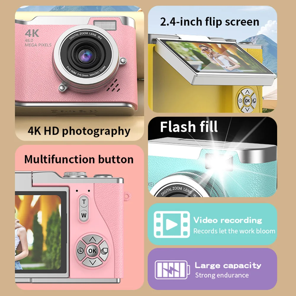 4K Digital Camera Beauty Filters 48MP HD Student CCD Camera CMOS Anti Shake 180° Flip Screen Selfie Camera For Kids Adults Gift_voghion.com