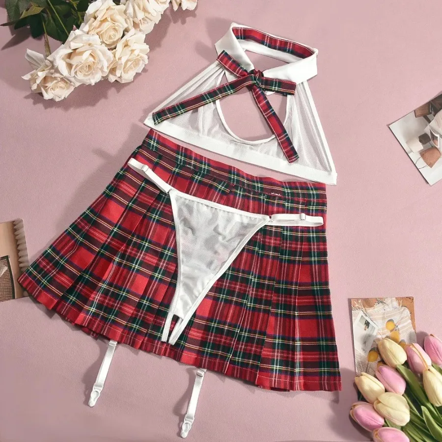 Matching lingerie set with school-inspired design, skirt detail, and soft fabric finish