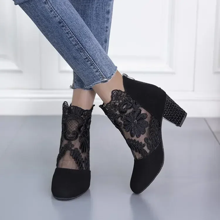 Women's Lace Heeled Shoes Fashion Ladies Roman Sandals Breathable Ladies Shoes Elegant Ladies Pumps New Mesh Sandalias De Tacón 4