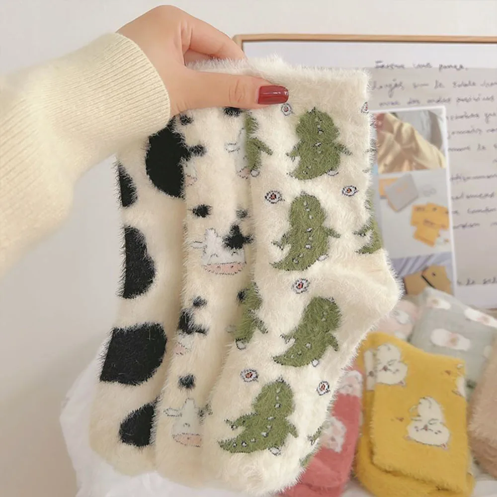 

Cartoon Cow Pattern Mid Tube Socks Autumn Winter Thicken Warm Socks For Women Super Soft Thermal Homewear Sleeping Floor Sox