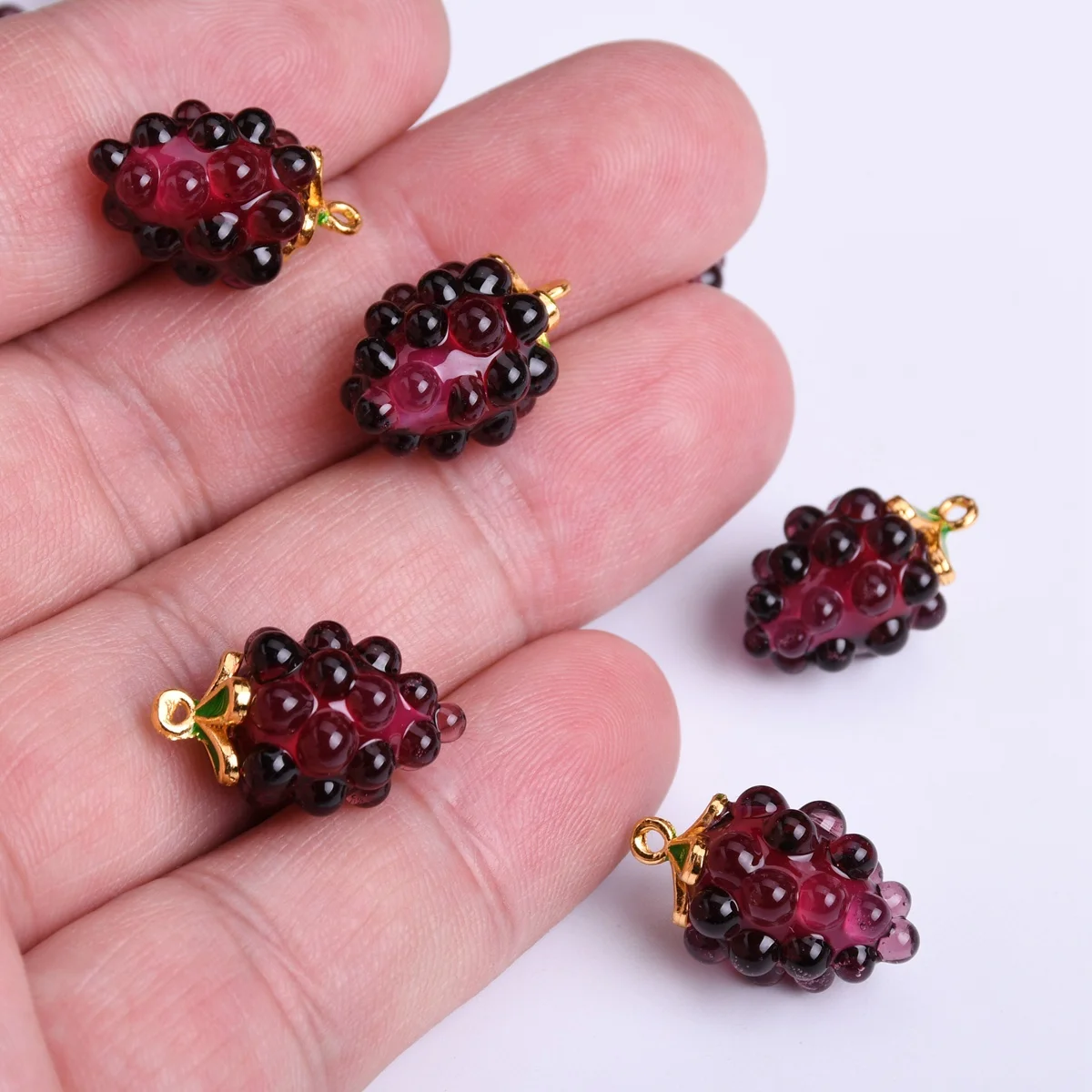 보라색 포도 모양 수제 램프워크 유리 느슨한 펜던트 비즈, 쥬얼리 제작 DIY 귀걸이 결과물, 20x13mm, 2 개