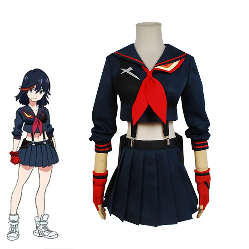 

Japanese Anime KILL La KILL Matoi Ryuko Black Dress Cosplay Costume T-shirt Skirt Gloves Belt School Uniform Navy Sailor Suit