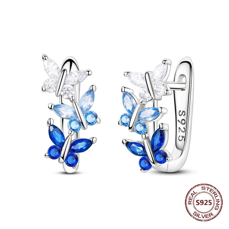 Colorful Zirconia-Embellished Feather and Butterfly Hoop Earrings in 925 Silver