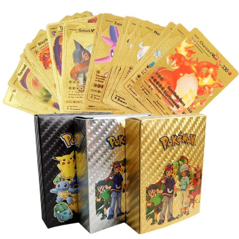 

11-110pcs Pokemon Gold Pikachu Cards Box Golden Silver Spanish/English/French Playing Cards Charizard Vmax Gx Game Card Boy Gift