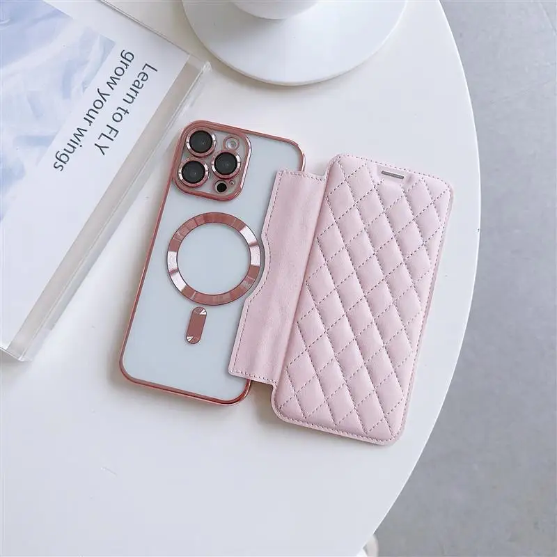 Elegant Lattice Leather Wallet Flip Case with Magsafe Wireless Charging Compatibility