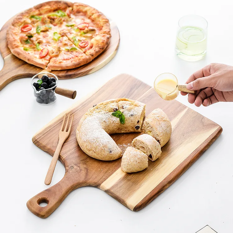 

Wooden Pizza Tray with Handle Round Pizza Plate Western Food Bread Steak Solid Wood Tray Cutting Board Kitchen Baking Tools
