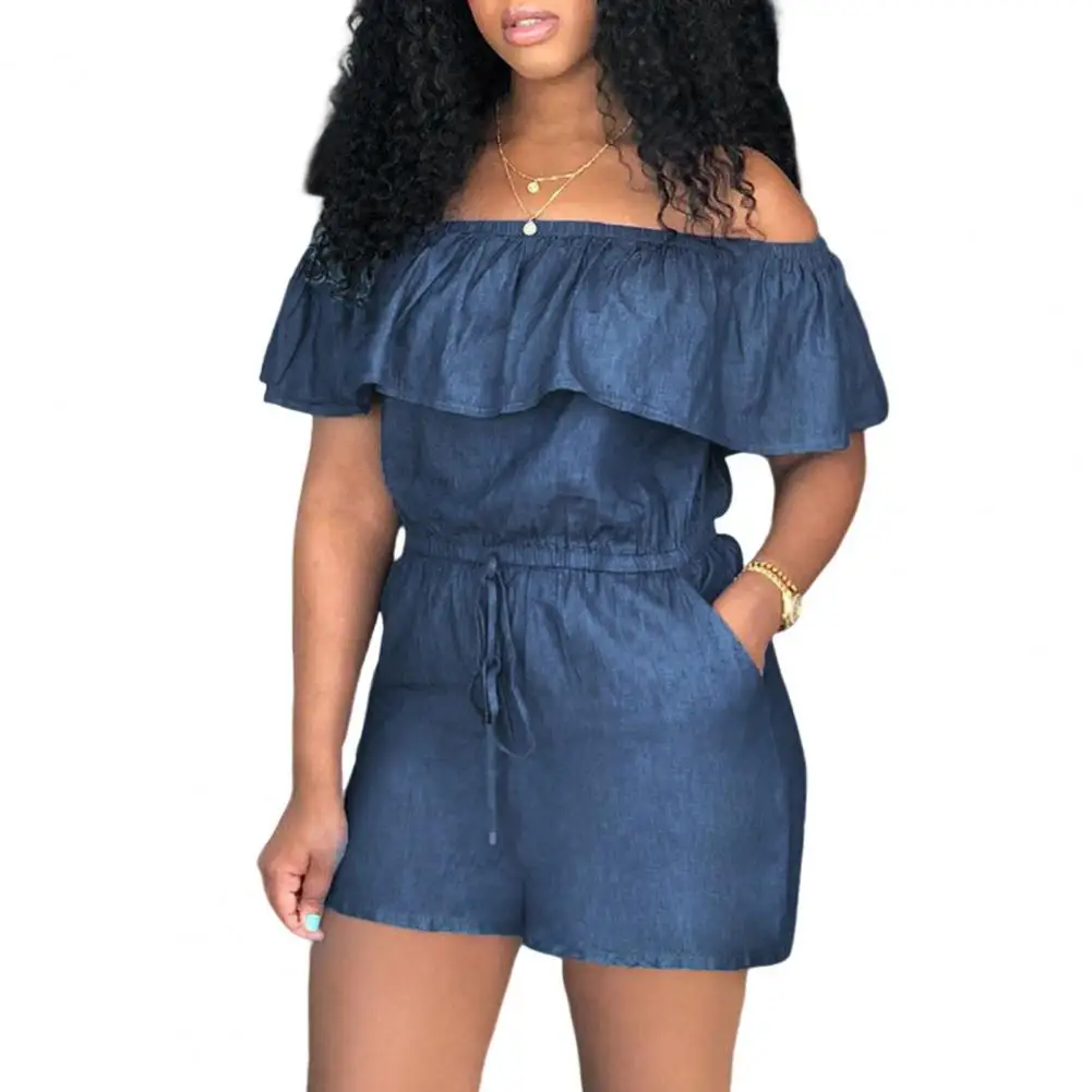 Жіночий літній комбінезон Сексуальний комбінезон із відкритими плечима і рюшами на подолу Шнурки на талії Широкі джинсові шорти Комбінезон