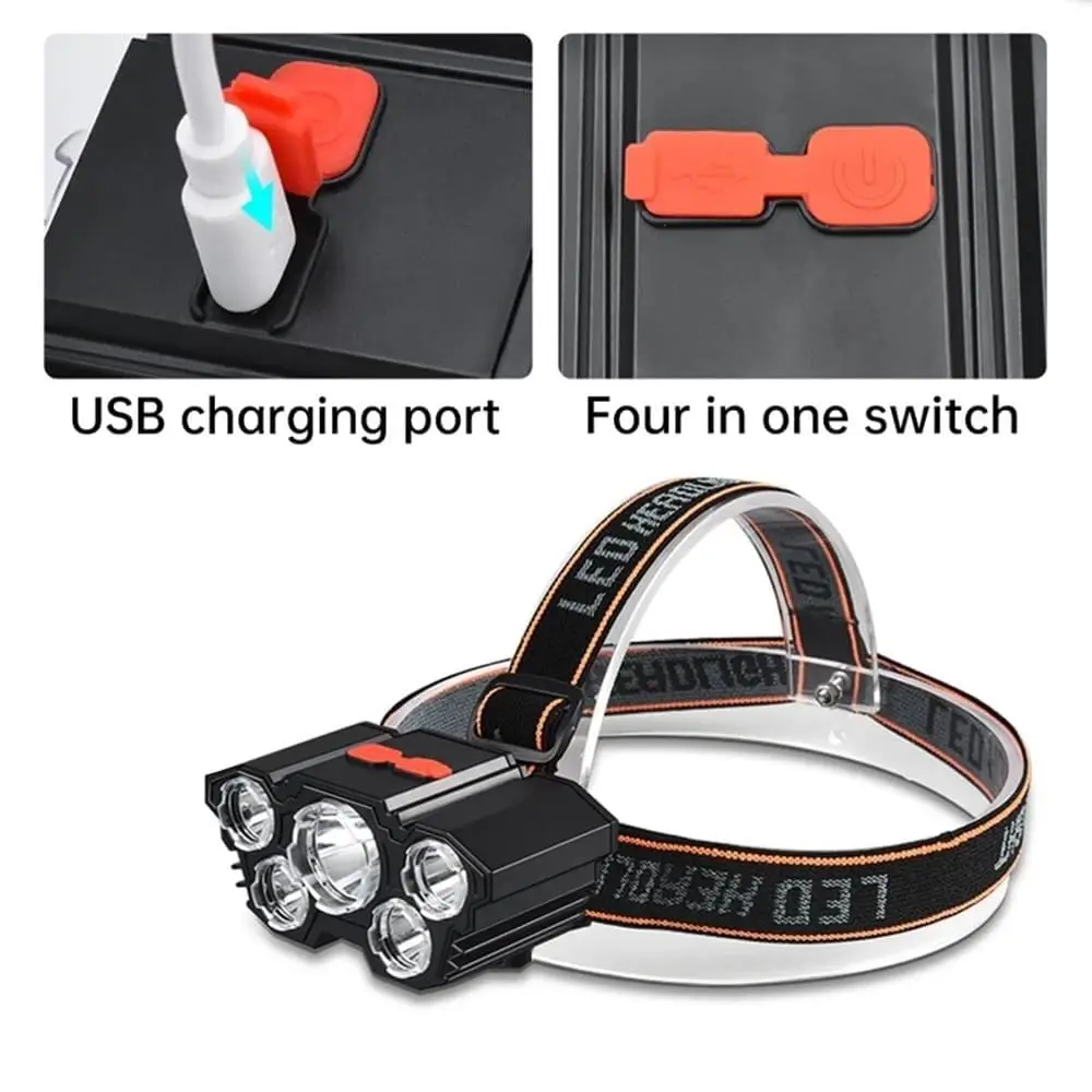 LED 강력 조명 5헤드 야외 방수 낚시등 USB 충전식 초고휘도 헤드 마운트형 손전등