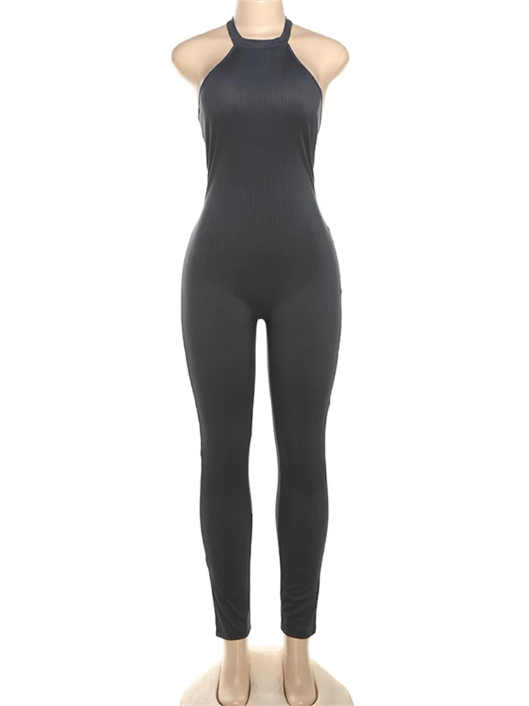 Simenual Casual Solid High Waist Skinny Jumpsuits Women Sexy Backless Halter One-Piece Outfits Y2K Sporty  Basic Jumpsuit 2024