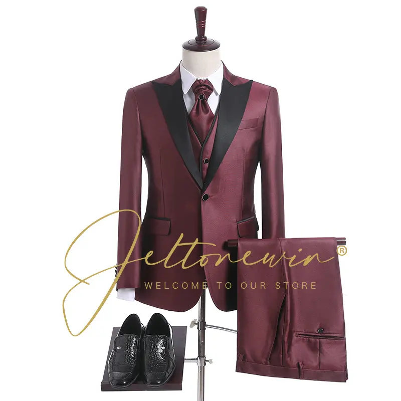 

Elegant Men Slim Fit Suits 3 Pcs Jacket Pants Set Casual Wedding Groom Formal Blazer Costume Homme Wedding Suits For Men Costume