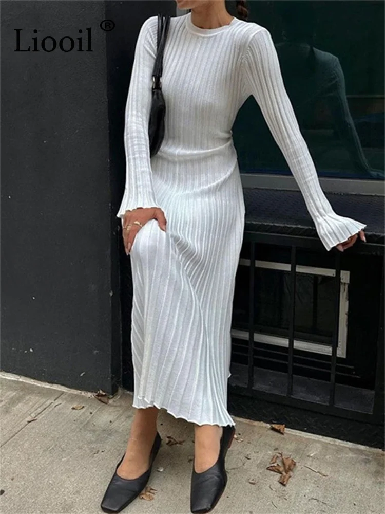 

Women Knitted Ribbed Bodycon Long Sweater Dress Autumn Winter 2023 New In Knitwears Full Sleeve O Neck Knitting A-Line Dresses