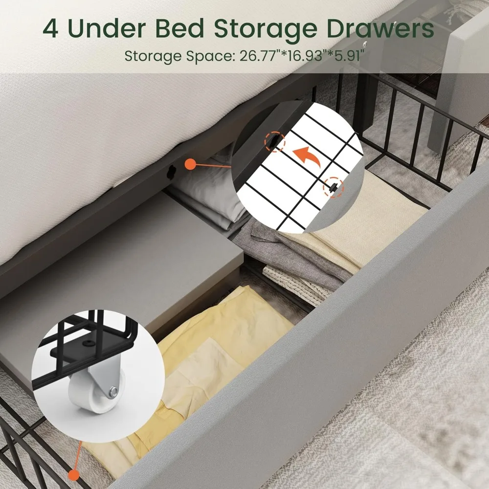 Storage and Tufted Headboard with 4 Drawers, Wood Slats Support, Easy Assembly, Noise-Free, Bed Bases & Frames 3