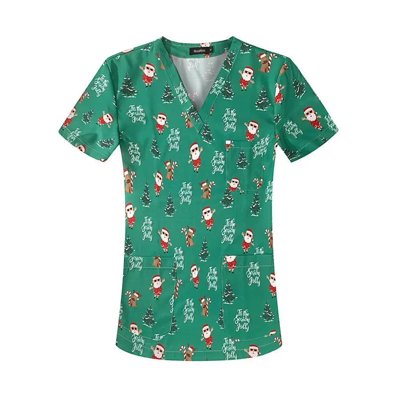Stretch nurse uniform dental clinic V-neck surgical gown Christmas pet hospital work clothes women's short-sleeved tops