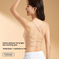 Soft Seamless Wireless Sports Cami Bra Sparkling Shiny Straps Criss Cross Back Padded Stretch Tank Top For Yoga Running Fitness - Image 3