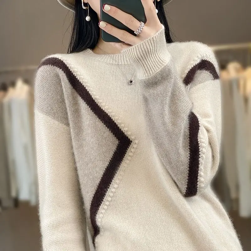 

Fashion Geometric Patchwork Knitted Sweaters Women's Clothing Casual Round Neck Korean Loose Autumn Winter Long Sleeve Jumpers