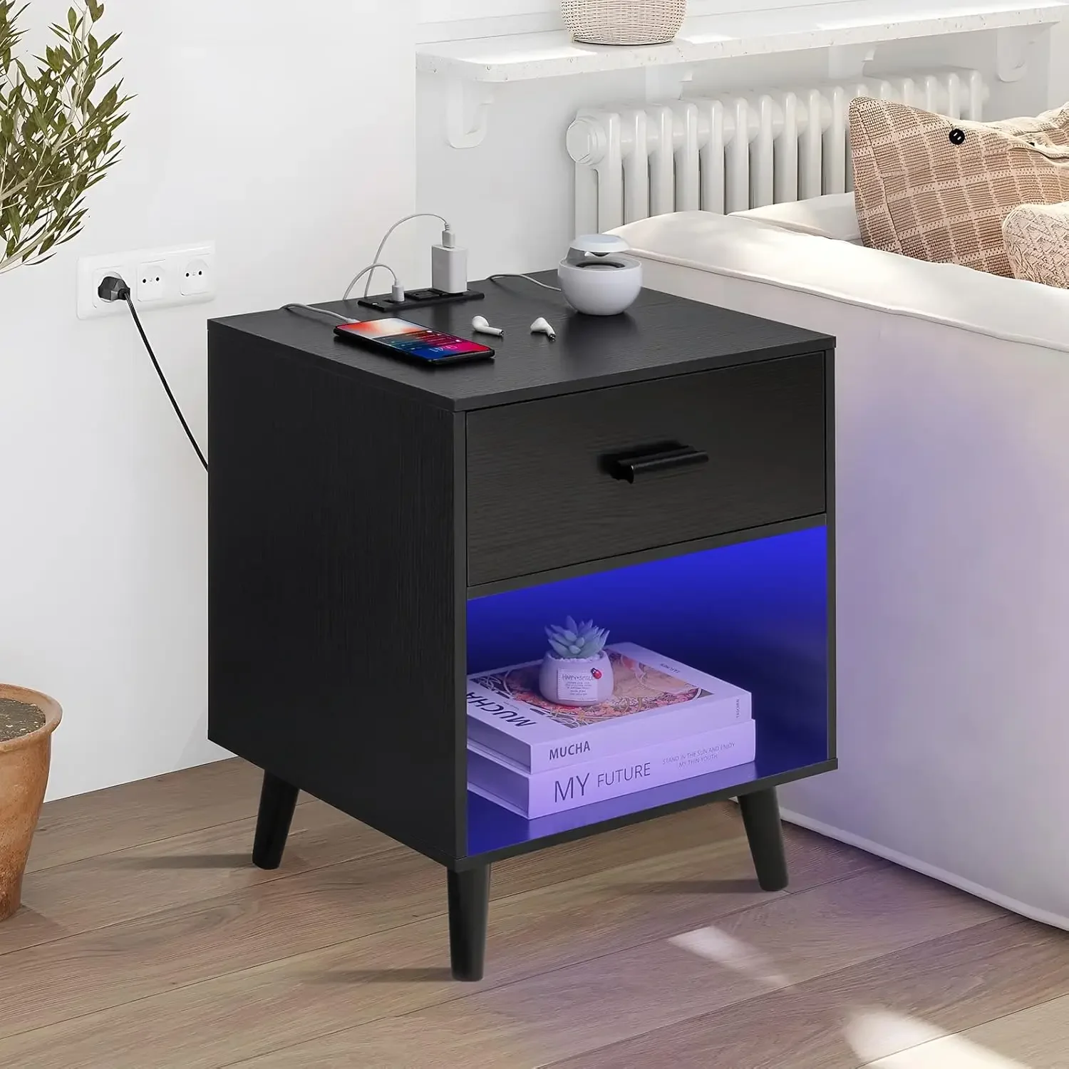 Description Picture 6 of itemNightstands Set of 2, Nightstand with Charging Station & LED Light, Night Stands with Drawer for Bedroom