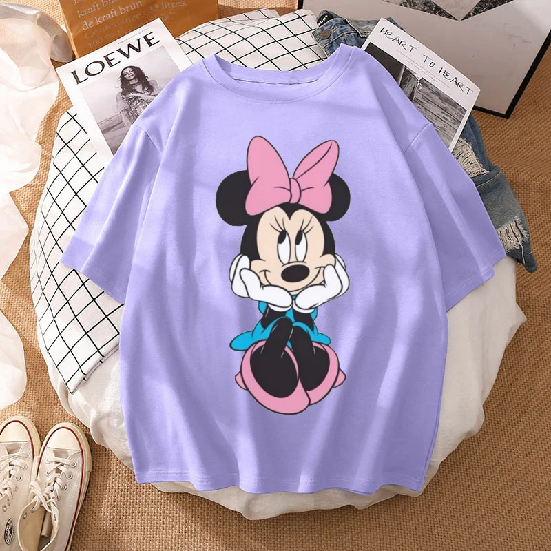 Woman Summer New 2022 Hot Cartoon Disney Mickey And Friends Minnie Mouse Leopard Bow Portrait T-Shirt Short Sleeve Teen Tops chrome hearts t shirt Tees