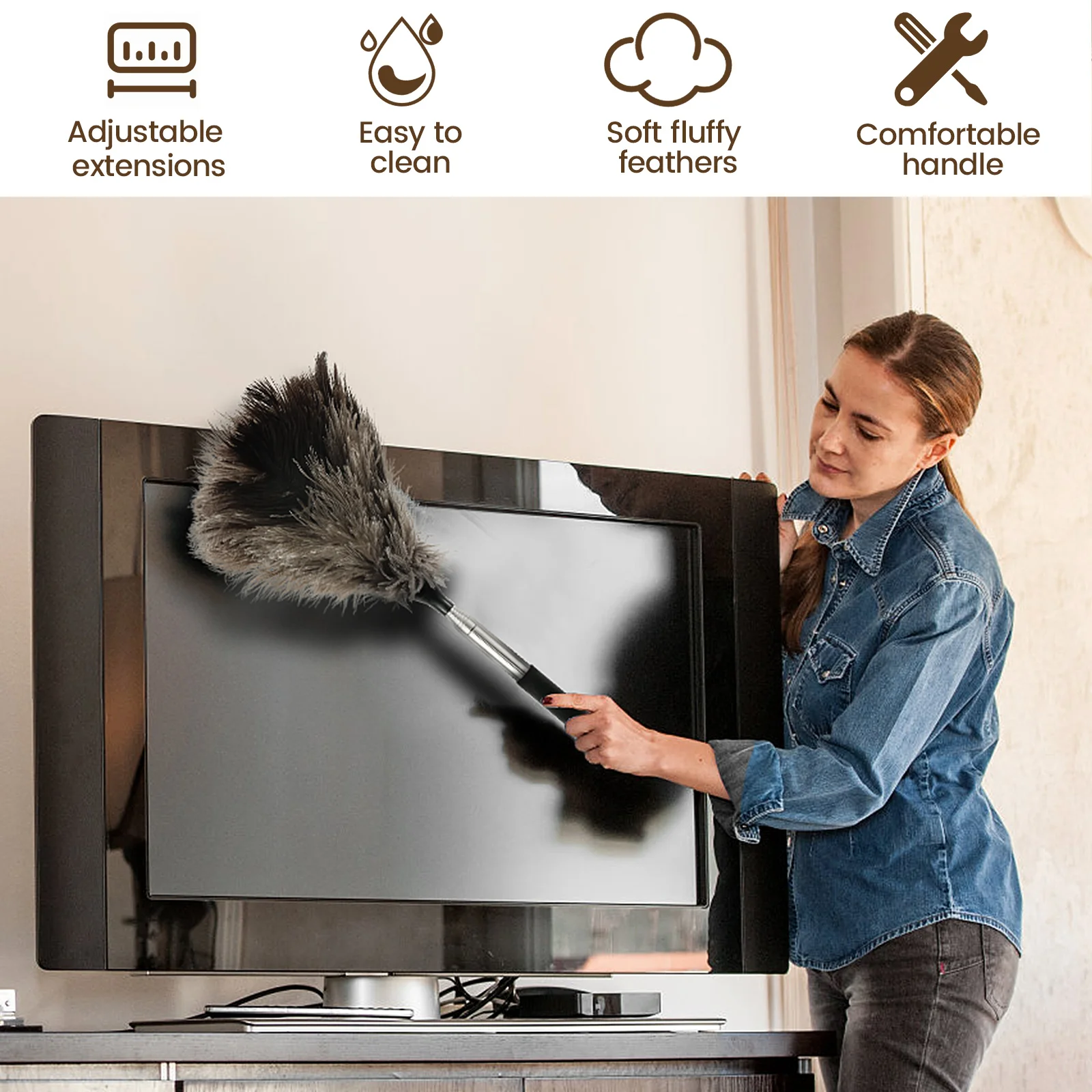 100/115cm Ostrich Feather Duster Retractable Cleaning Feather Duster with Nonslip Handle Home Cleaning Tools for Pendant Lamp