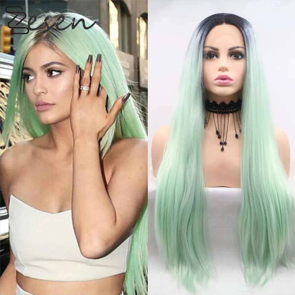 Ombre Green Synthetic Lace Front Wig with Black Roots Long Silky Straight Hair Blonde Wigs for Women Cosplay Daily Wear Wigs