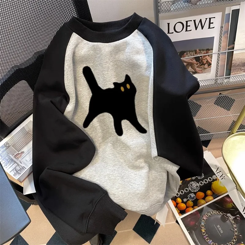 

American Style Simple Patchwork Kitten Printing Crewneck Sweatshirt for Women 2023 Autumn Winter Loose Casual Long Hedging Top