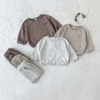 0-3 anni Vestiti per neonate Felpa girocollo e pantaloni Bambini Ragazzi Cotone Tinta unita Completo con tasca Abbigliamento casual quotidiano 1
