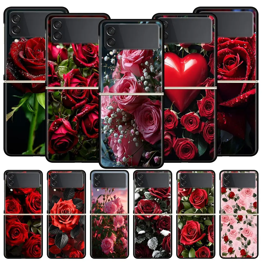 Elegant Red Rose Floral Phone Case - Black Hard Folding Cover