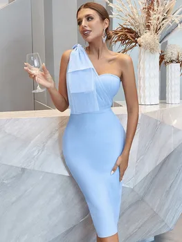 2023 로라 코어스 럭셔리 원숄더 메쉬 활 블루 미디 바디콘 드레스, 우아한 이브닝 파티 클럽 드레스, 여름