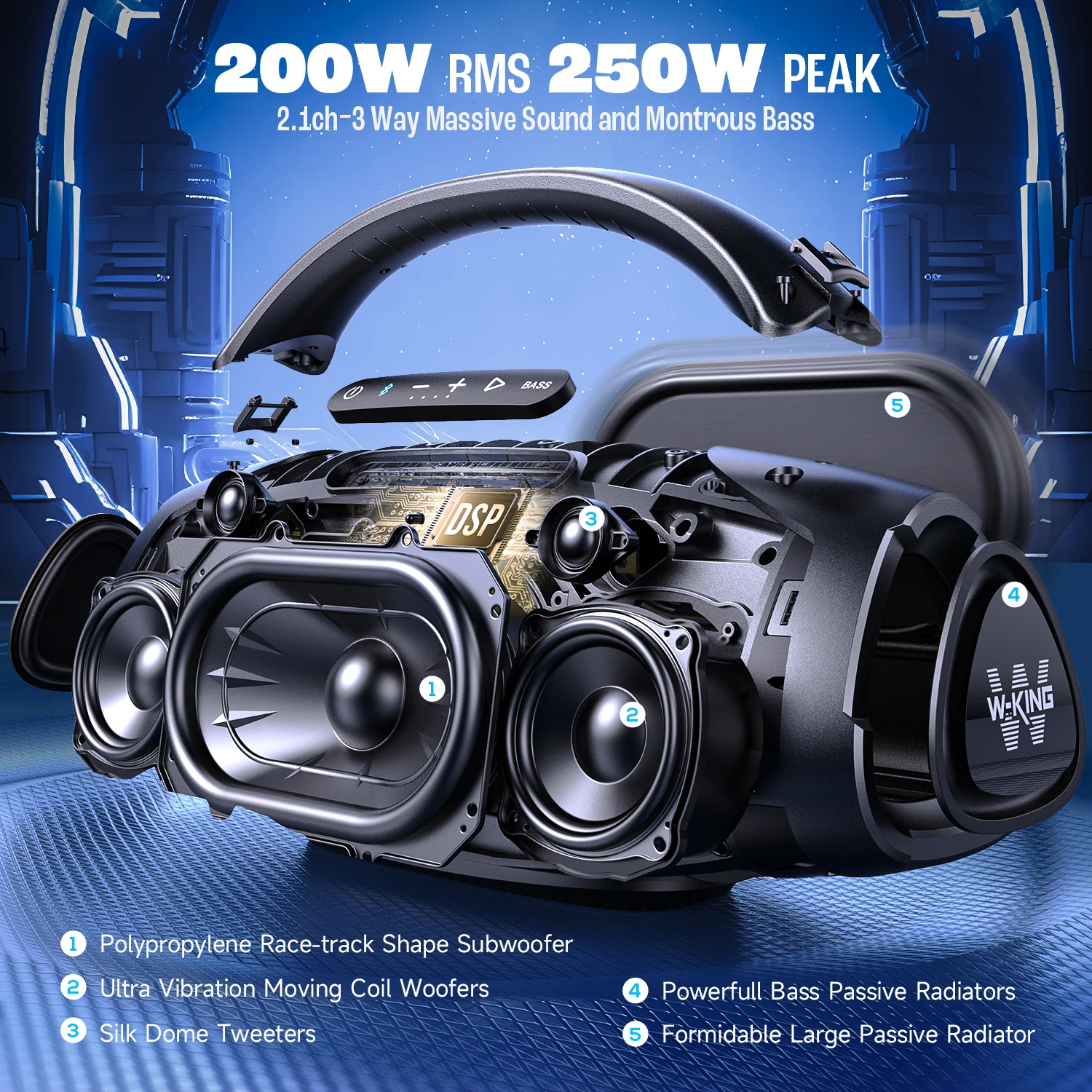 Bluetooth Speaker W-KING 200W RMS Portable Bluetooth Speakers Massive Bass Party Boombox IPX7 Waterproof Large Loud Outdoor