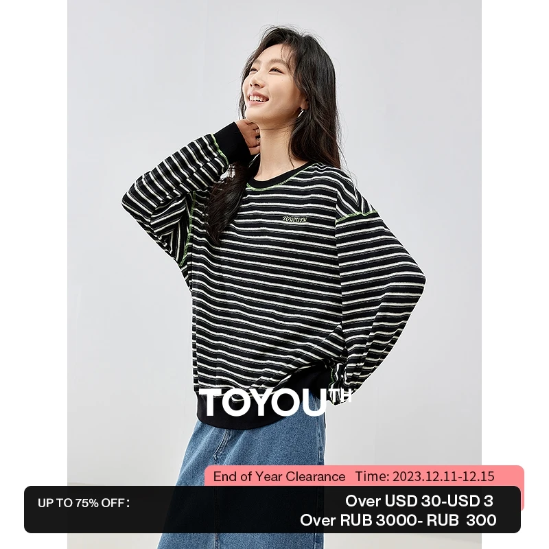 

Toyouth Women Sweatshirts 2023 Autumn Long Sleeve Round Neck Loose Hoodie Black and White Stripes Casual All Match Pullover