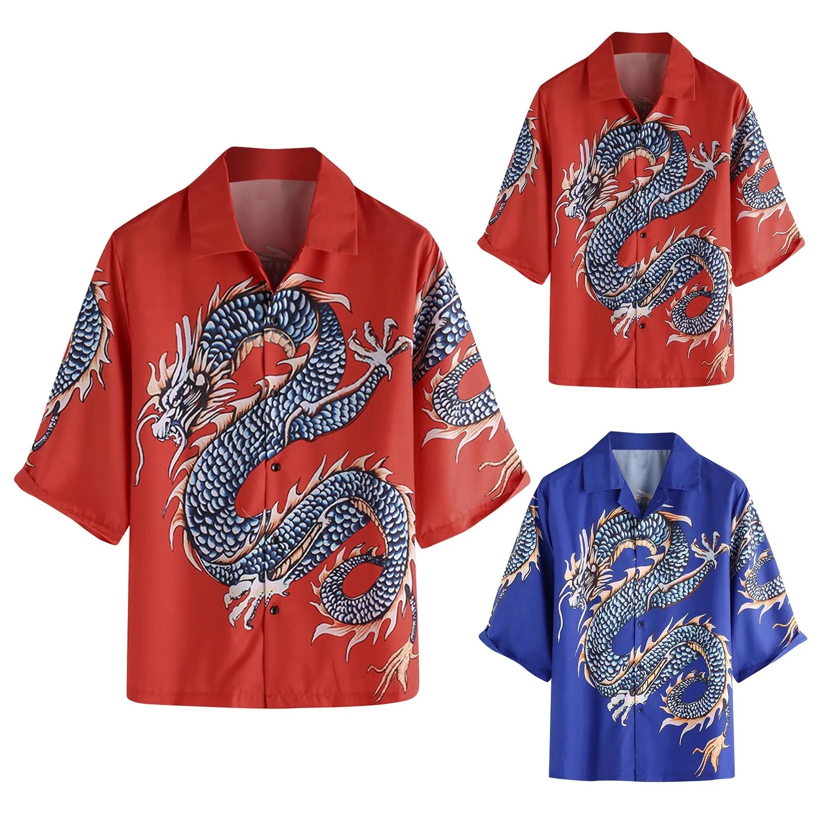 

Men'S Summer Casual Chinese Dragon Print Design Lapel Short Sleeve Shirt Beach Vacation Shirts Short Sleeve T Shirts For Men Y2k