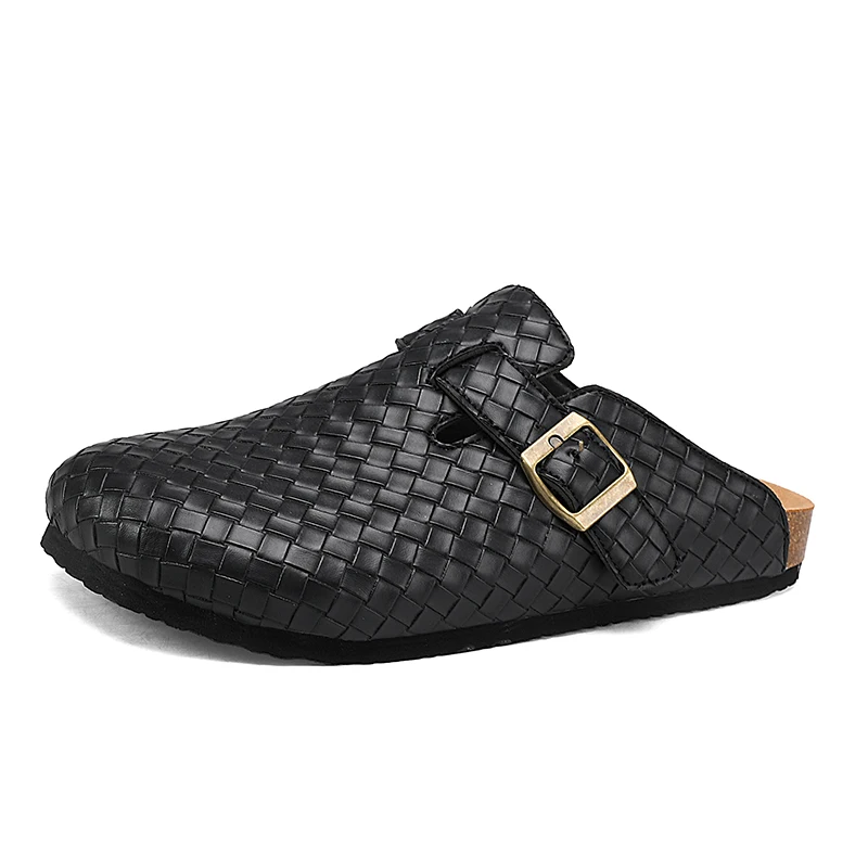 Summer Unisex Adjustable Cork Slippers Men Leather Slides Slippers Black Brown Cover Toe Slipper Dropshipping — view 5