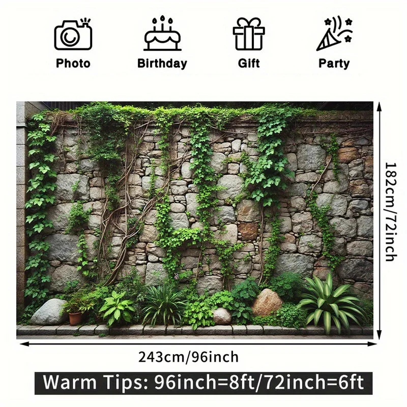 1-teiliger Polyester-Hintergrund aus üppiger Efeu und Steinmauer – perfekt für Geburtstagsfeiern, Fotokabinen und Feiern im Freien – Detail 4